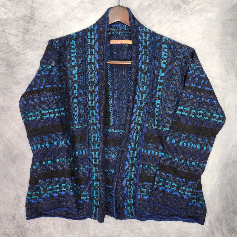 Kuna Baby Alpaca Open Waterfall Cardigan Sweater Size 1 Blue Fair Isle Lagenlook